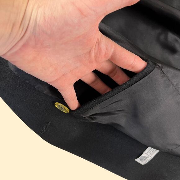 70s/80s wool trench coat by Holly Deb, vintage black jacket w gold-toned buttons - Picture 5 of 9